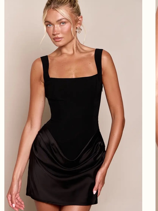 Fashion. Dresses & Skirts - Square Neck Black Satin-Trim Mini Dress